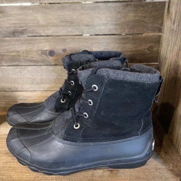 Womens Sperry Black Wool Leather‎ Ankle Duck Winter Snow Boots Size 10 M GUC - Picture 2 of 6
